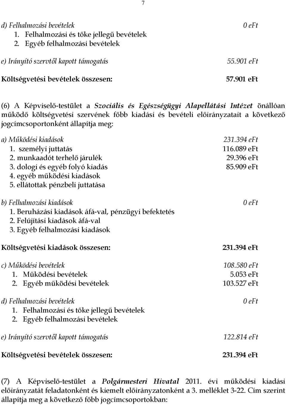 a) Működési kiadások 231.394 eft 1. személyi juttatás 116.089 eft 2. munkaadót terhelő járulék 29.396 eft 3. dologi és egyéb folyó kiadás 85.909 eft 4. egyéb működési kiadások 5.