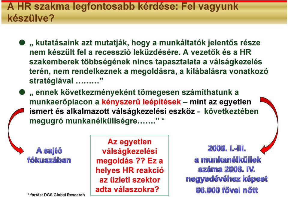 ennek következményeként tömegesen számíthatunk a munkaerőpiacon a kényszerű leépítések mint az egyetlen ismert és alkalmazott válságkezelési eszköz -