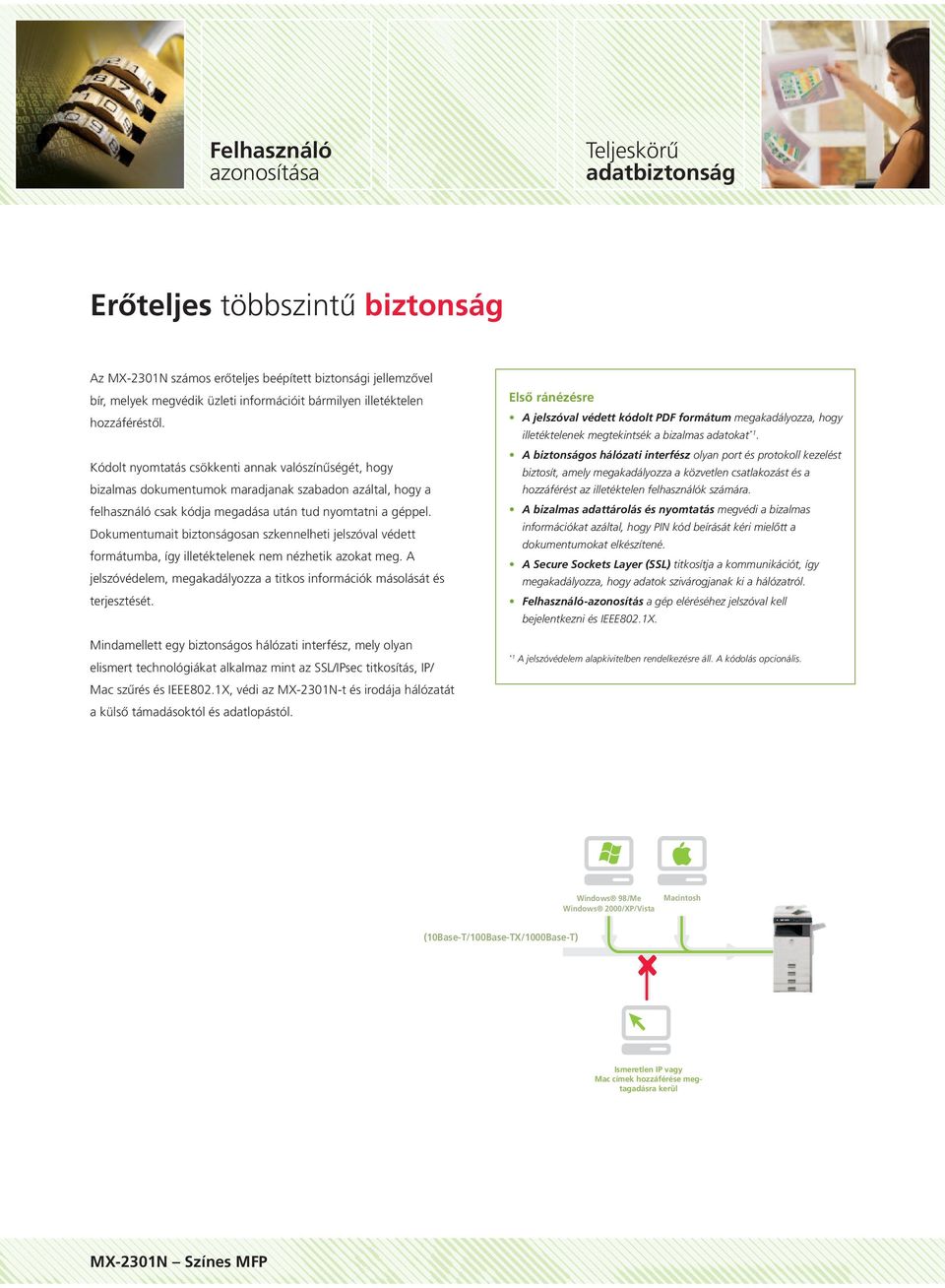 Dokumentumait biztonságosan szkennelheti jelszóval védett formátumba, így illetéktelenek nem nézhetik azokat meg. A jelszóvédelem, megakadályozza a titkos információk másolását és terjesztését.