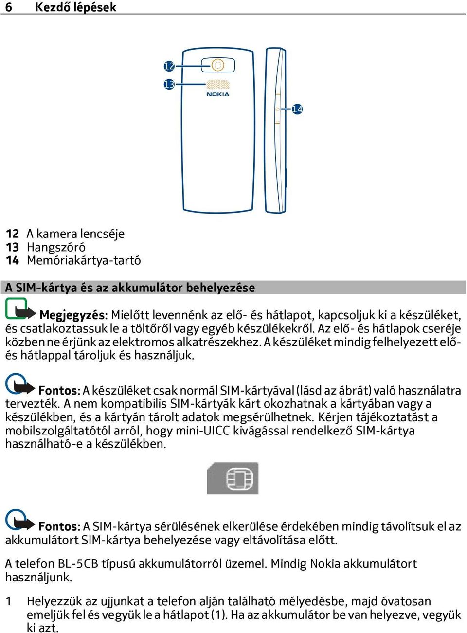 A készüléket mindig felhelyezett előés hátlappal tároljuk és használjuk. Fontos: A készüléket csak normál SIM-kártyával (lásd az ábrát) való használatra tervezték.