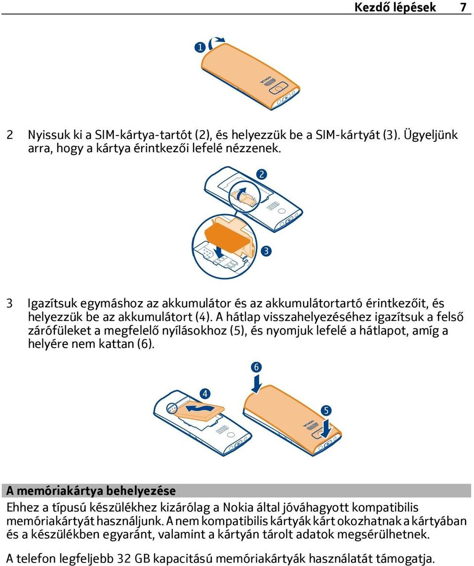 A hátlap visszahelyezéséhez igazítsuk a felső zárófüleket a megfelelő nyílásokhoz (5), és nyomjuk lefelé a hátlapot, amíg a helyére nem kattan (6).