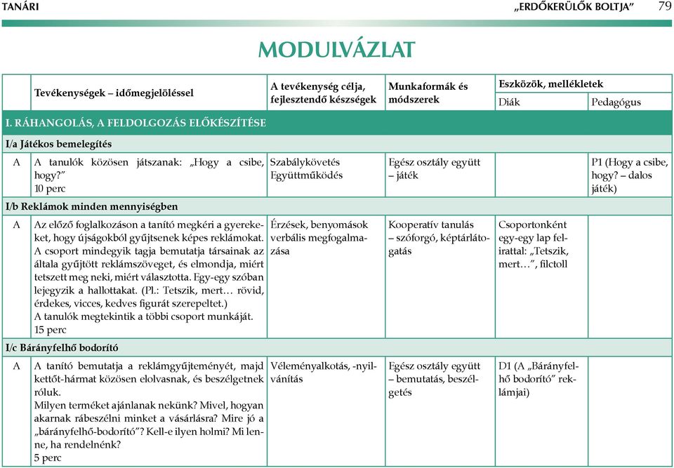 dalos játék) I/b Reklámok minden mennyiségben z előző foglalkozáson a tanító megkéri a gyerekeket, hogy újságokból gyűjtsenek képes reklámokat.