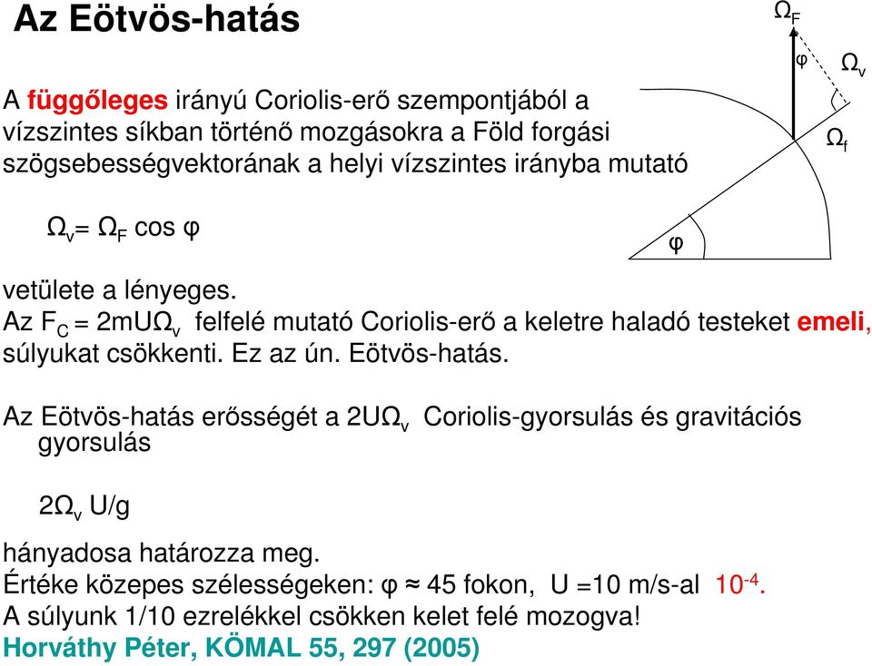 Az F C = 2mUΩ v felfelé mutató Coriolis-erő a keletre haladó testeket emeli, súlyukat csökkenti. Ez az ún. Eötvös-hatás.