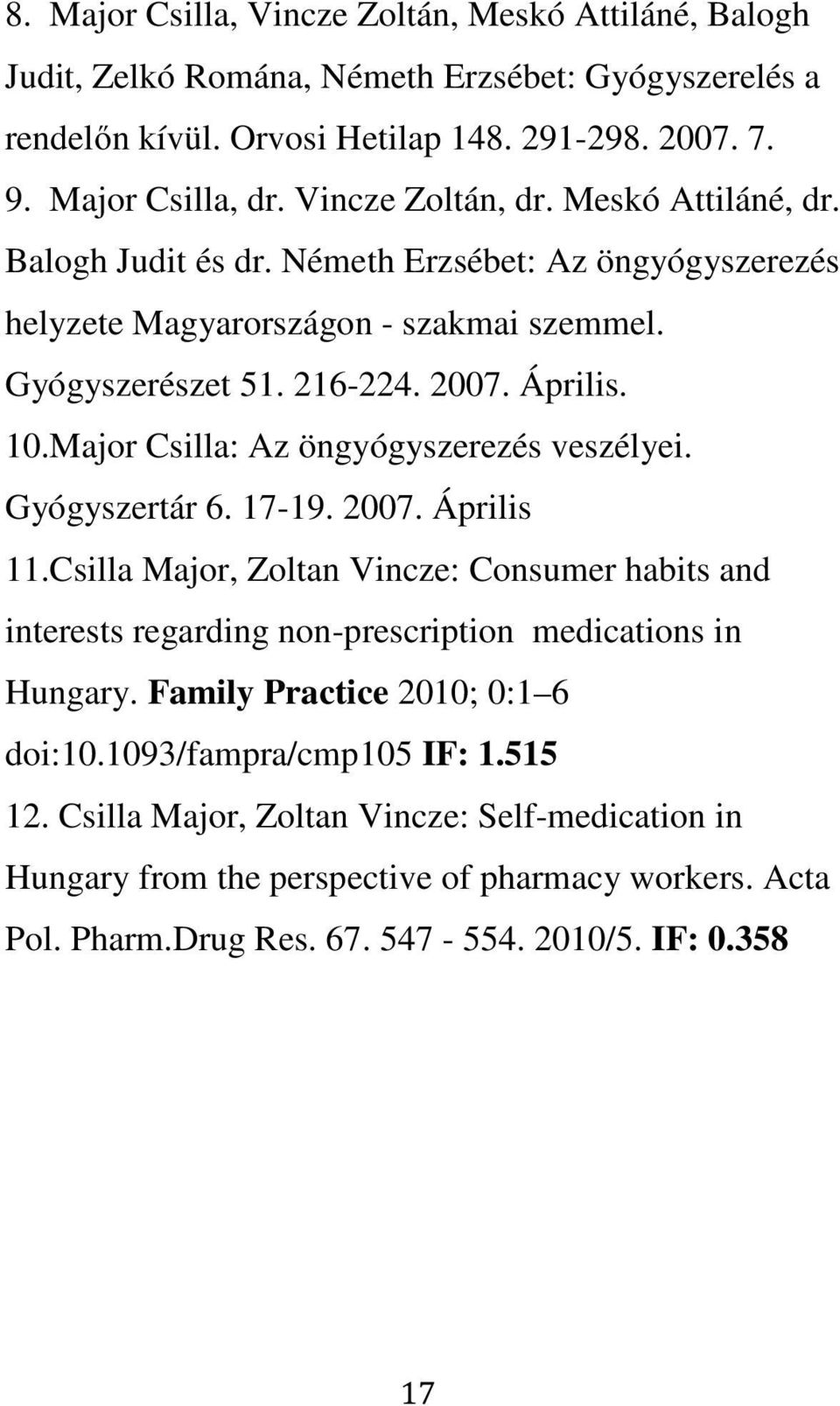 Major Csilla: Az öngyógyszerezés veszélyei. Gyógyszertár 6. 17-19. 2007. Április 11.Csilla Major, Zoltan Vincze: Consumer habits and interests regarding non-prescription medications in Hungary.