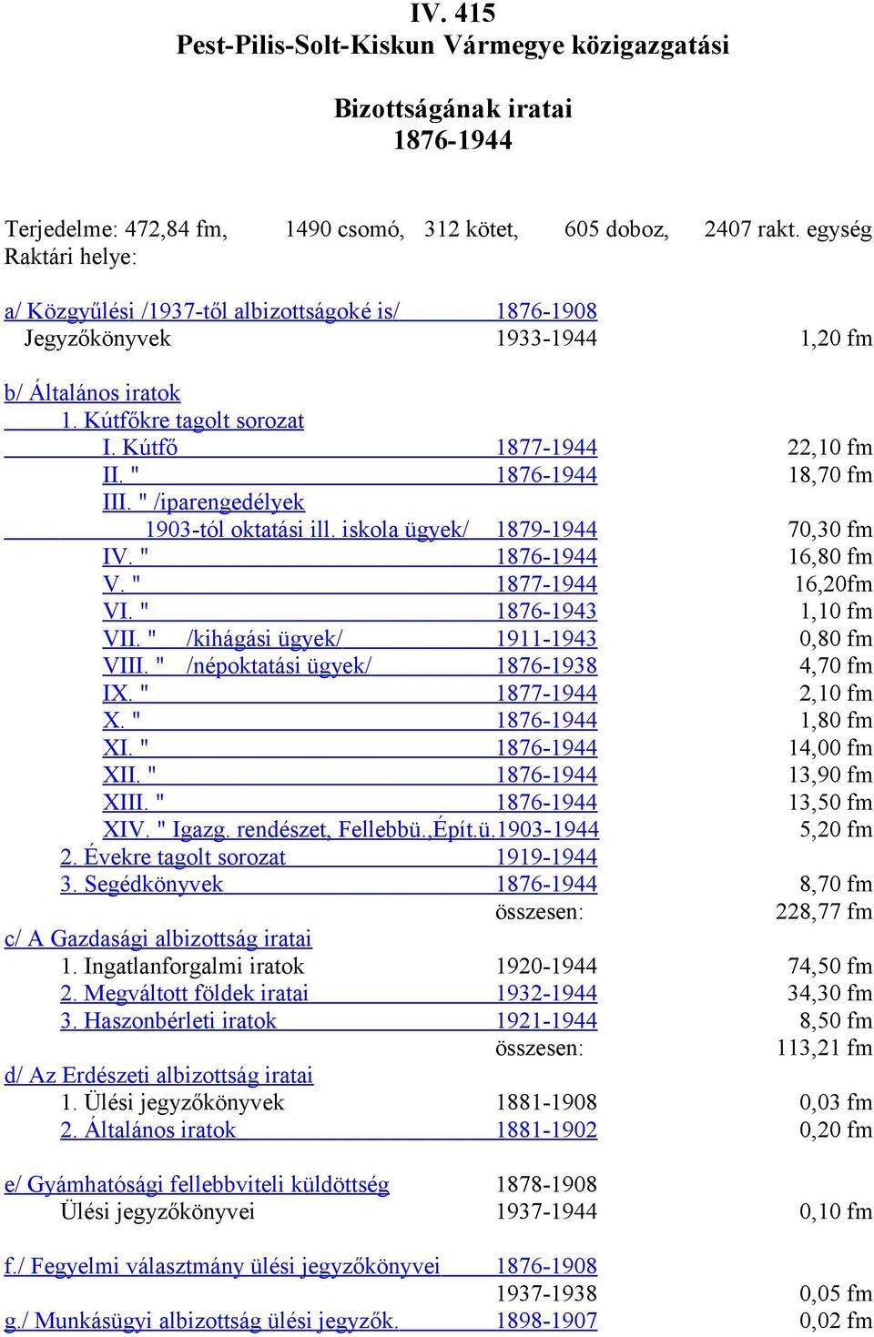 " 1876-1944 18,70 fm III. " /iparengedélyek 1903-tól oktatási ill. iskola ügyek/ 1879-1944 70,30 fm IV. " 1876-1944 16,80 fm V. " 1877-1944 16,20fm VI. " 1876-1943 1,10 fm VII.