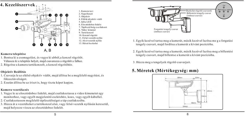 Infra LED 6. Elos ztódoboz fedel e 7. Tápfeszü ltség csa tlakozó 8. Video kimenet 9. Tartó konzol 10. Kon zol rögzító 11. Fel ső vezeték nyílás 12. Als ó vezeték nyílás 13.