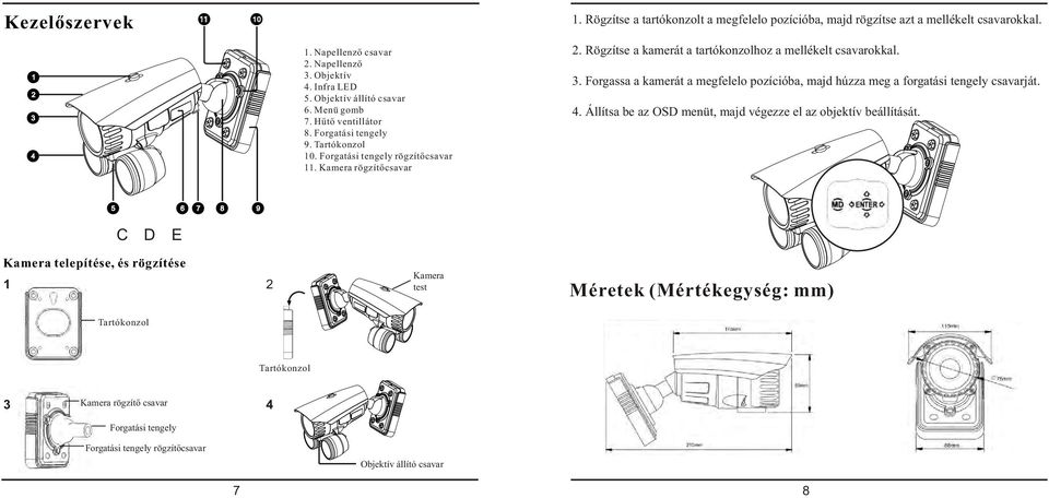 Rögzítse a kamerát a tartókonzolhoz a mellékelt csavarokkal. 3. Forgassa a kamerát a megfelelo pozícióba, majd húzza meg a forgatási tengely csavarját. 4.