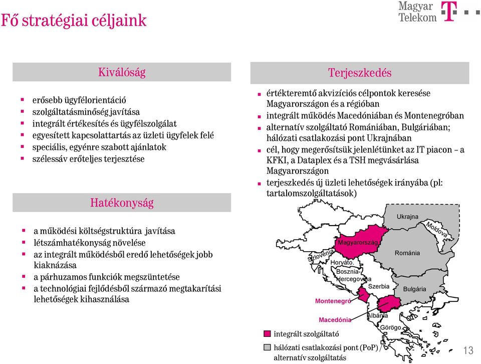 funkciók megszüntetése a technológiai fejlődésből származó megtakarítási lehetőségek kihasználása Terjeszkedés értékteremtő akvizíciós célpontok keresése Magyarországon és a régióban integrált