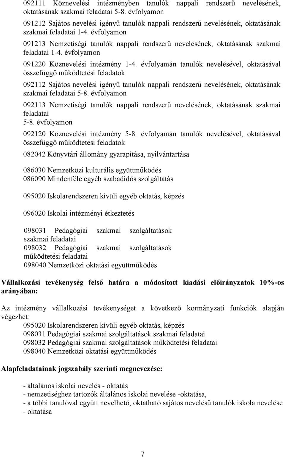 évfolyamon 091213 Nemzetiségi tanulók nappali rendszerű nevelésének, oktatásának szakmai feladatai 1-4. évfolyamon 091220 Köznevelési intézmény 1-4.