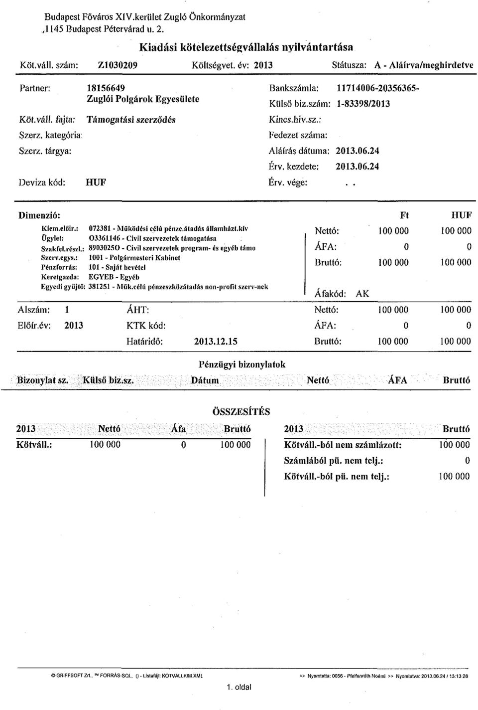 kategória: Szerz. tárgya: Deviza kód: HUF Kincs.hiv.sz.: Fedezet száma: Aláírás dátuma: 2013.06.24 Érv. kezdete: 2013.06.24 Érv. vége: Dimenzió: Kiem.elöir.: 072381 - Működési célú pénze.