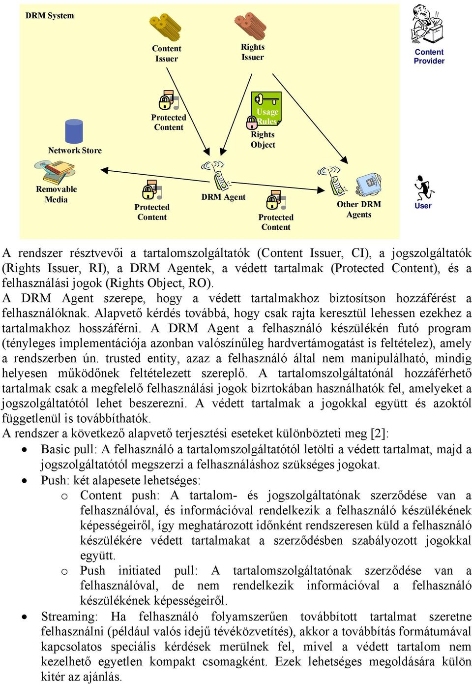 A DRM Agent szerepe, hogy a védett tartalmakhoz biztosítson hozzáférést a felhasználóknak. Alapvető kérdés továbbá, hogy csak rajta keresztül lehessen ezekhez a tartalmakhoz hosszáférni.