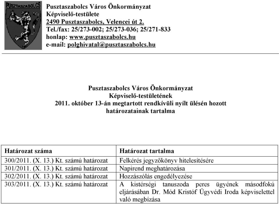 október 13-án megtartott rendkívüli nyílt ülésén hozott határozatainak tartalma Határozat száma Határozat tartalma 300/2011. (X. 13.) Kt.