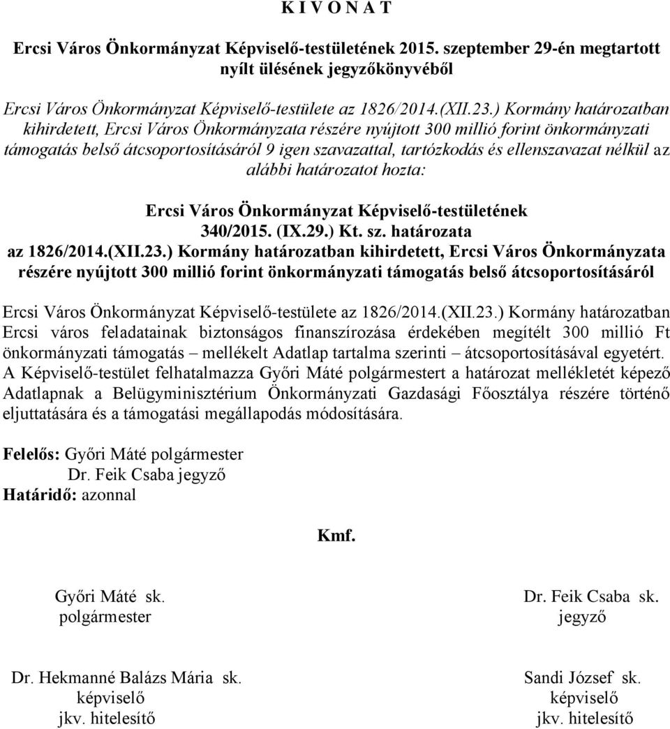 nélkül az alábbi határozatot hozta: Ercsi Város Önkormányzat Képviselő-testületének 340/2015. (IX.29.) Kt. sz. határozata az 1826/2014.(XII.23.