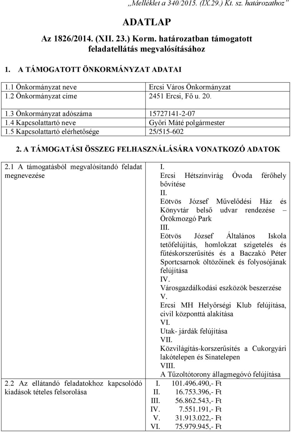 5 Kapcsolattartó elérhetősége 25/515-602 2. A TÁMOGATÁSI ÖSSZEG FELHASZNÁLÁSÁRA VONATKOZÓ ADATOK 2.1 A támogatásból megvalósítandó feladat megnevezése 2.