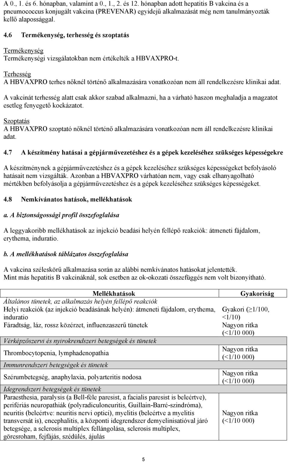 Terhesség A HBVAXPRO terhes nőknél történő alkalmazására vonatkozóan nem áll rendelkezésre klinikai adat.