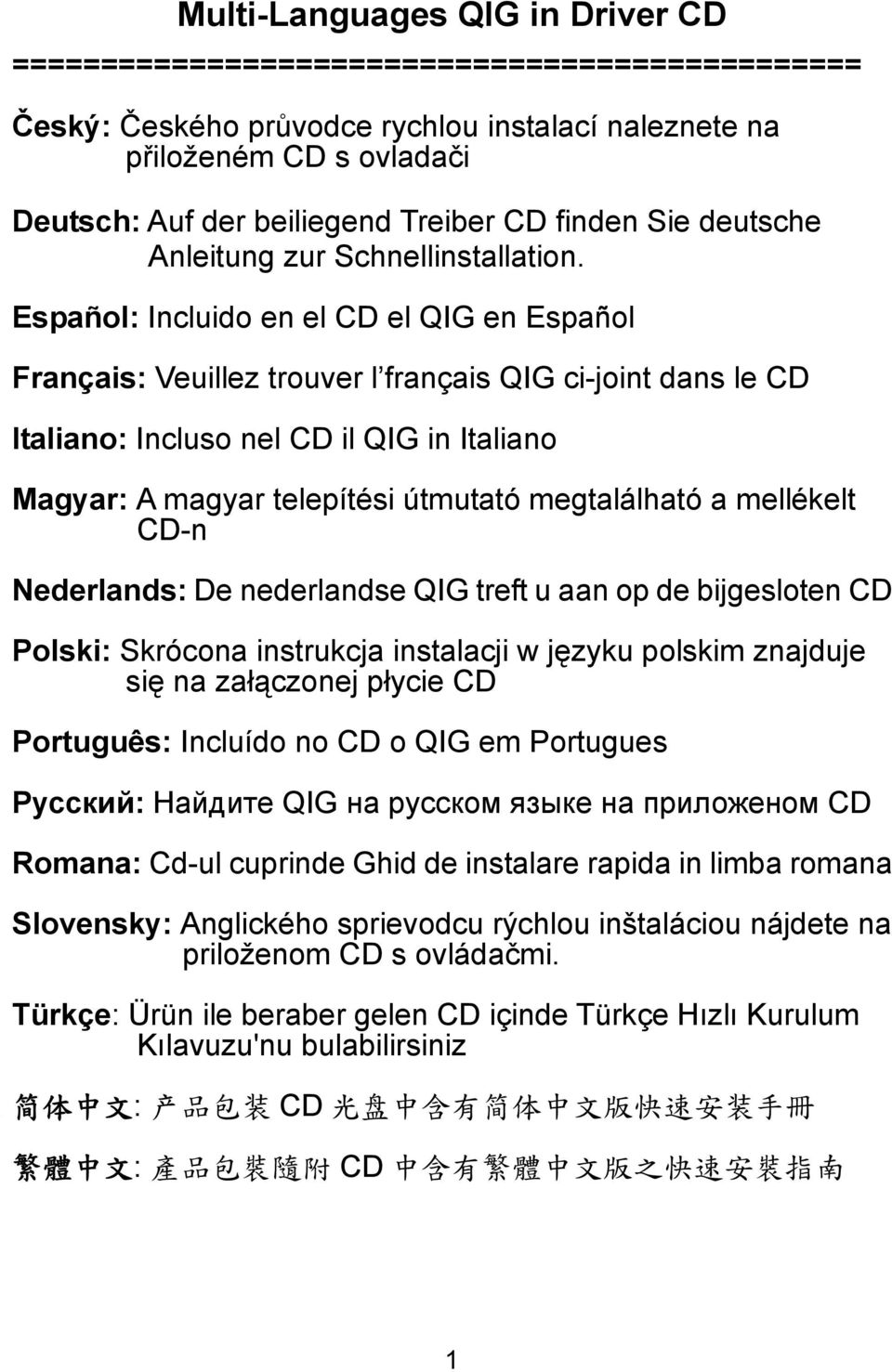 Español: Incluido en el CD el QIG en Español Français: Veuillez trouver l français QIG ci-joint dans le CD Italiano: Incluso nel CD il QIG in Italiano Magyar: A magyar telepítési útmutató