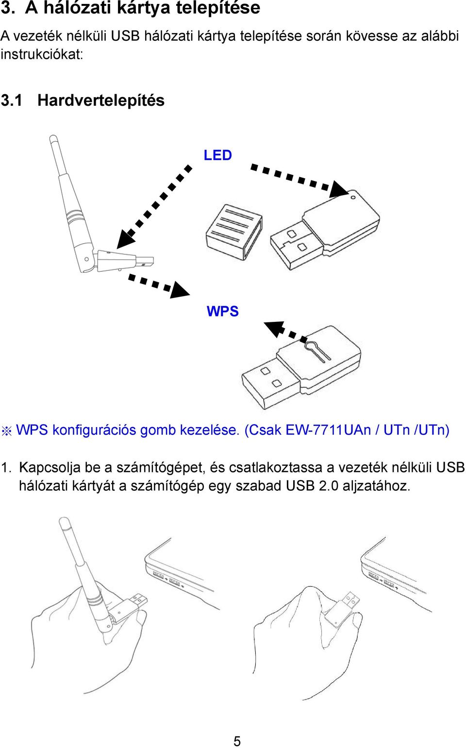 1 Hardvertelepítés LED WPS WPS konfigurációs gomb kezelése.