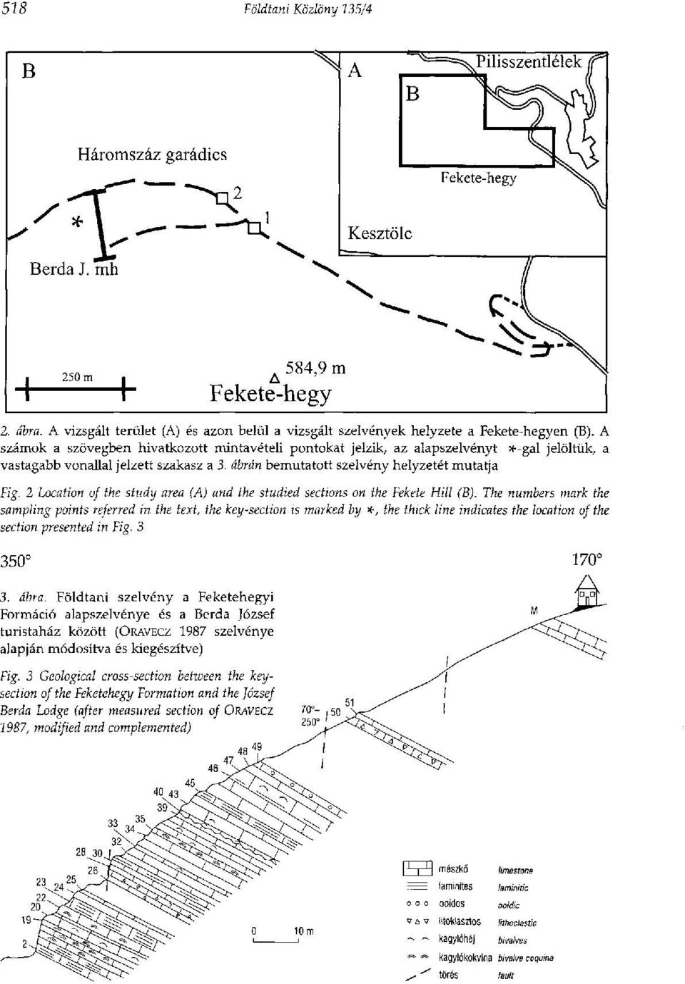 2 Location of the study area (A) and the studied sections on the Fekete Hill (B).