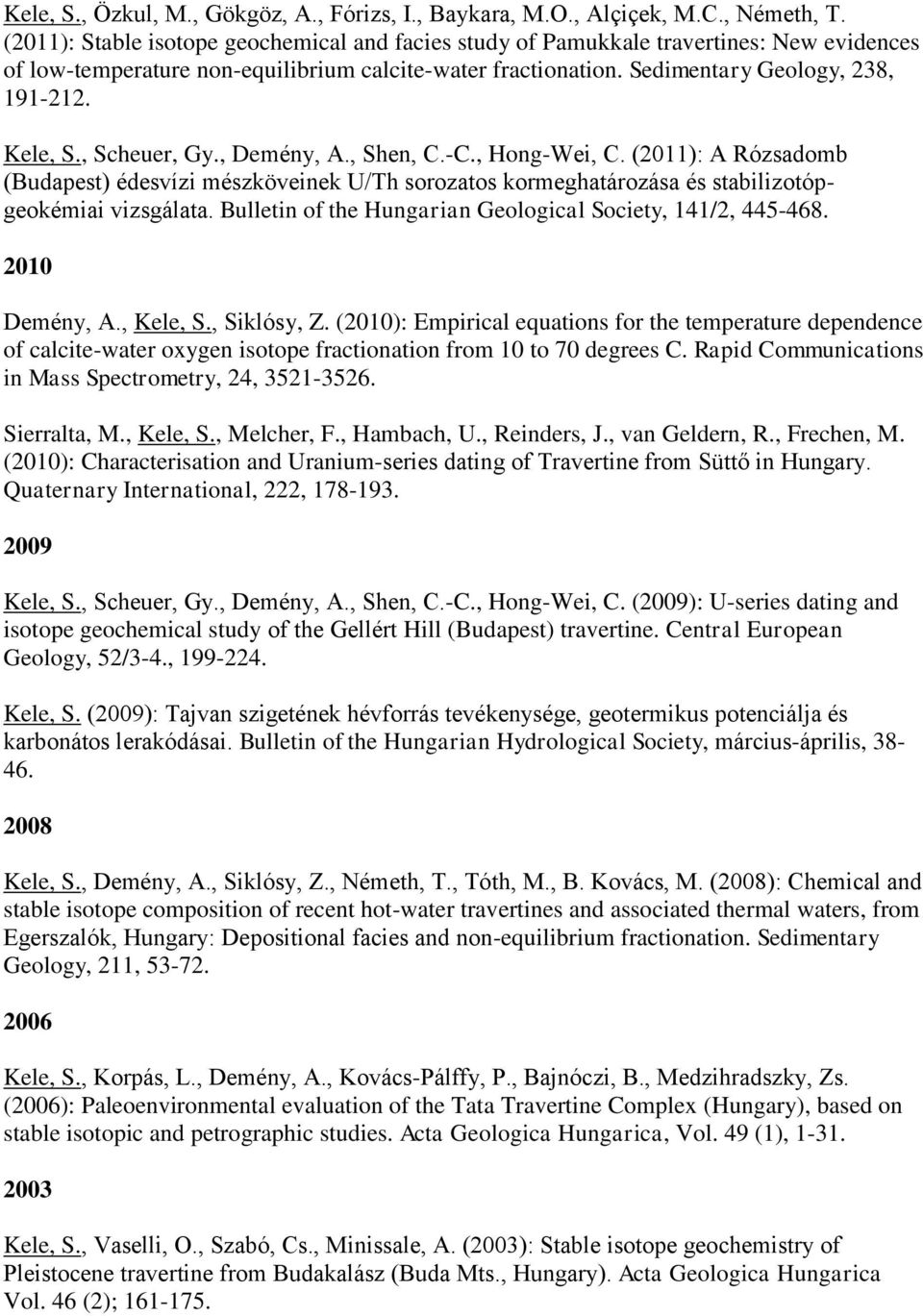 , Scheuer, Gy., Demény, A., Shen, C.-C., Hong-Wei, C. (2011): A Rózsadomb (Budapest) édesvízi mészköveinek U/Th sorozatos kormeghatározása és stabilizotópgeokémiai vizsgálata.