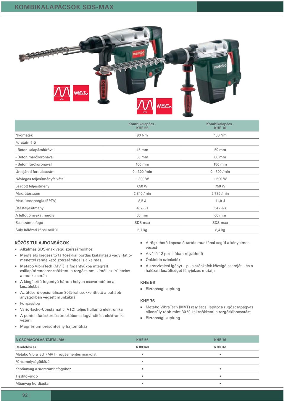 ütésenergia (EPTA) 8,5 J 11,9 J Ütésteljesítmény 402 J/s 542 J/s A felfogó nyakátmérője 66 mm 66 mm Szerszámbefogó SDS-max SDS-max Súly hálózati kábel nélkül 6,7 kg 8,4 kg KöZöS TULAjDoNSáGoK