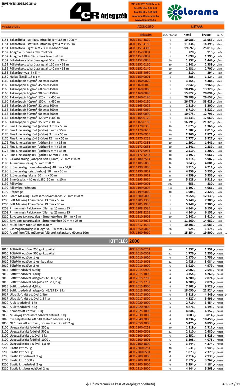 0001 1 720,- 915,- /db 1152 Adagoló 110 és 140 cm-es tekercsekhez 4CR 1152.0002 1 1 098,- 1 395,- /db 1152 Fóliatekercs takarószalaggal 55 cm x 33 m 4CR 1152.0055 60 1 137,- 1 444,- /tek.