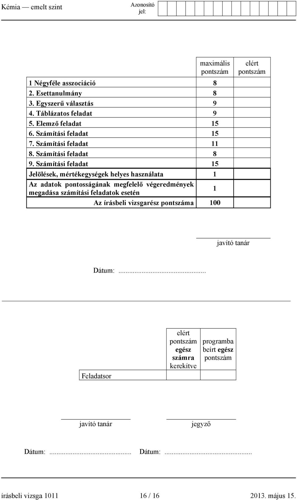 Számítási feladat 15 Jelölések, mértékegységek helyes használata 1 Az adatok pontosságának megfelelő végeredmények megadása számítási feladatok