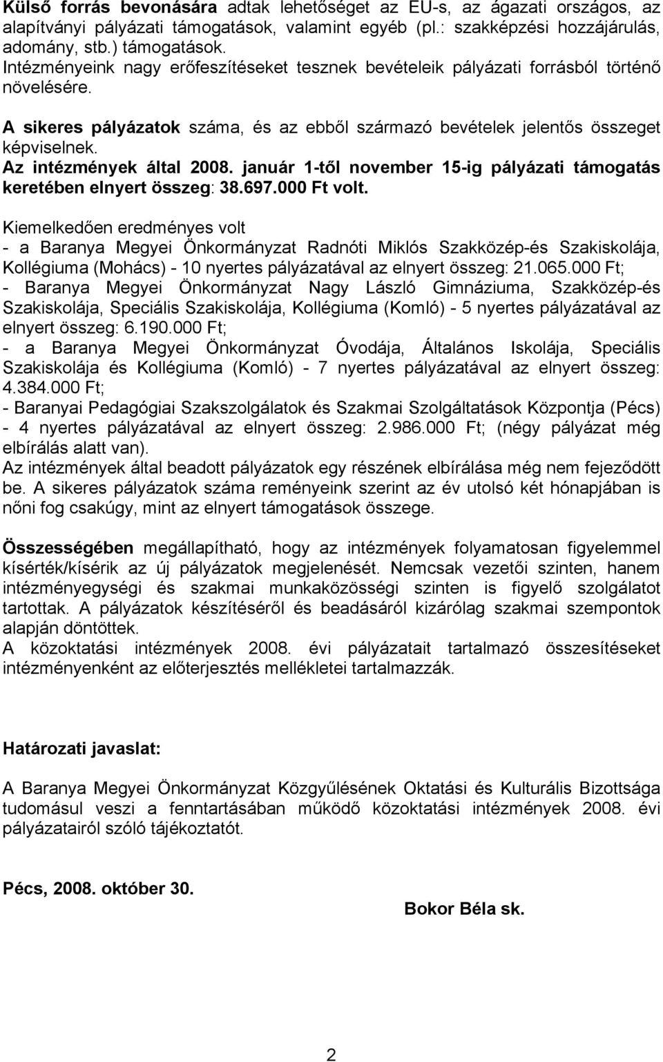 Az intézmények által 2008. január 1-től november 15-ig pályázati keretében elnyert : 38.697.000 Ft volt.