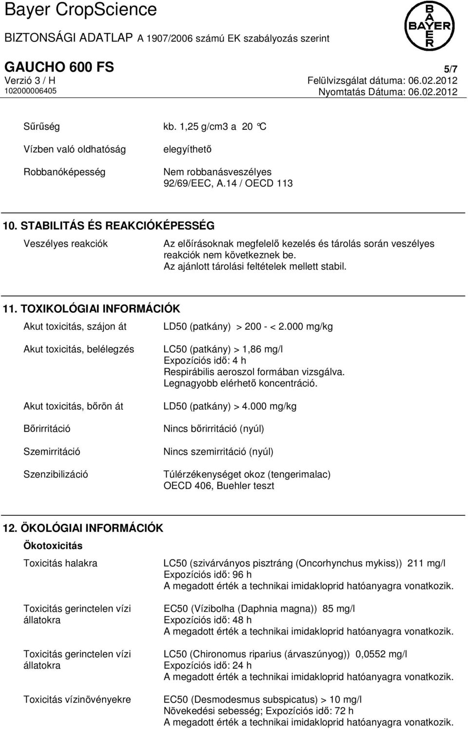 TOXIKOLÓGIAI INFORMÁCIÓK Akut toxicitás, szájon át LD50 (patkány) > 200 - < 2.