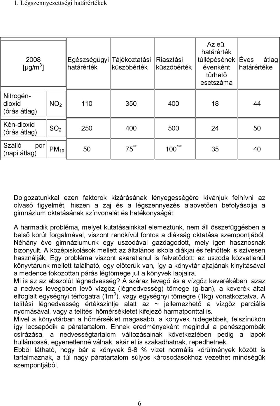 1 *** 35 4 Dolgozatunkkal ezen faktorok kizárásának lényegességére kívánjuk felhívni az olvasó figyelmét, hiszen a zaj és a légszennyezés alapvetően befolyásolja a gimnázium oktatásának színvonalát