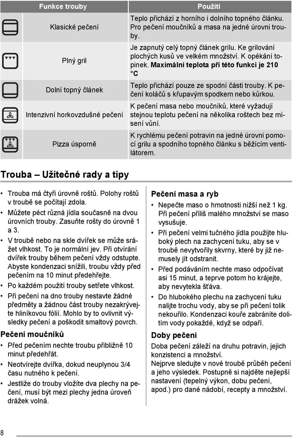 Maximální teplota při této funkci je 210 C Teplo přichází pouze ze spodní části trouby. K pečení koláčů s křupavým spodkem nebo kůrkou.