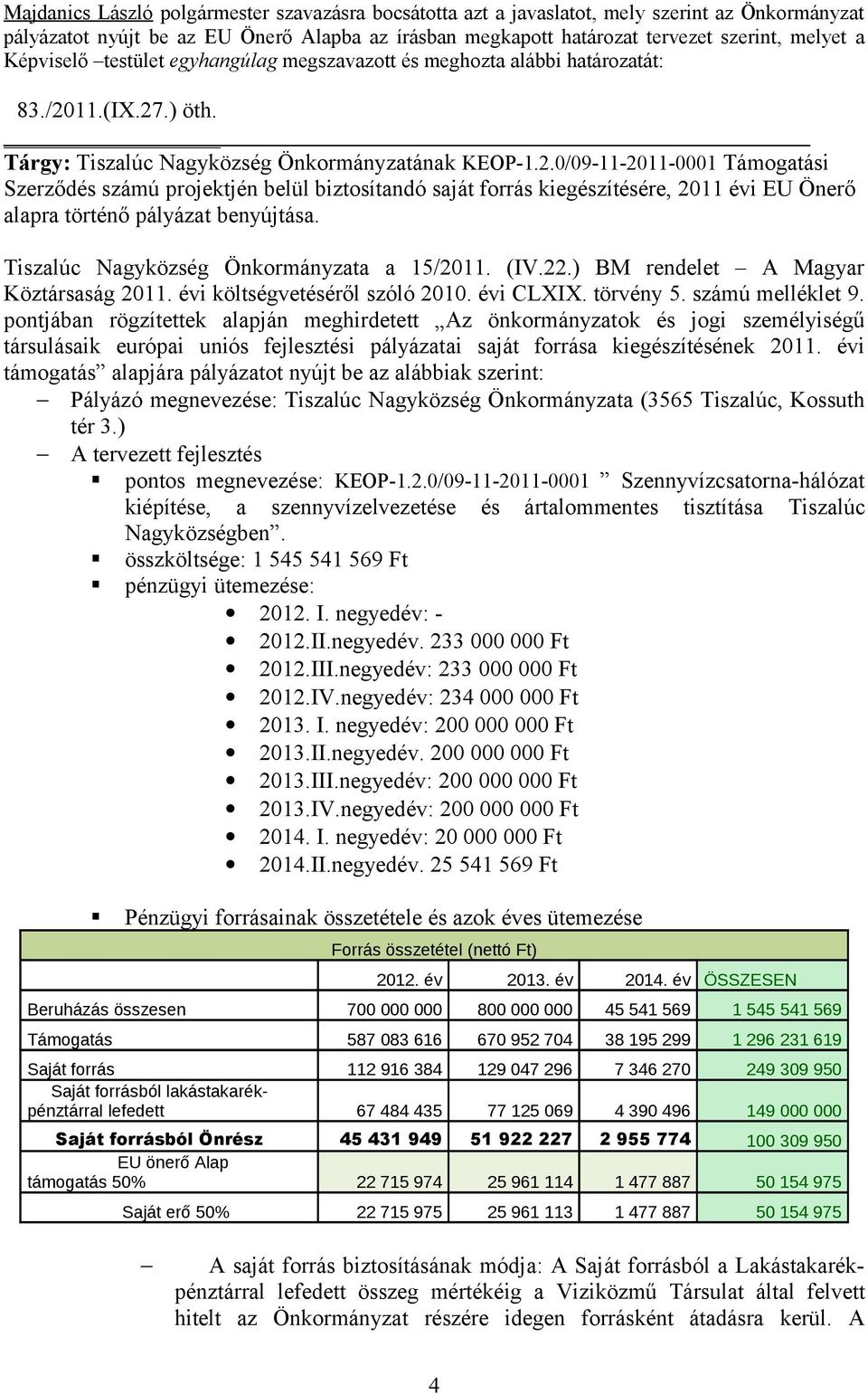 11.(IX.27.) öth. Tárgy: Tiszalúc Nagyközség Önkormányzatának KEOP-1.2.0/09-11-2011-0001 Támogatási Szerződés számú projektjén belül biztosítandó saját forrás kiegészítésére, 2011 évi EU Önerő alapra történő pályázat benyújtása.