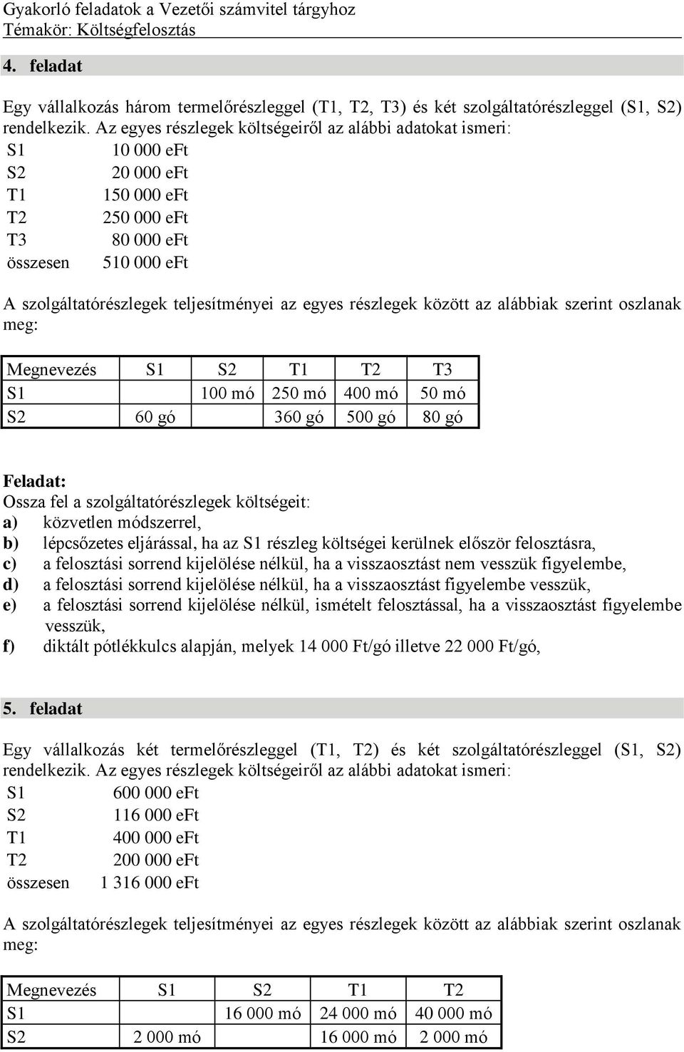 a) közvetlen módszerrel, b) lépcsőzetes eljárással, ha az S1 részleg költségei kerülnek először felosztásra, c) a felosztási sorrend kijelölése nélkül, ha a visszaosztást nem vesszük figyelembe, d) a