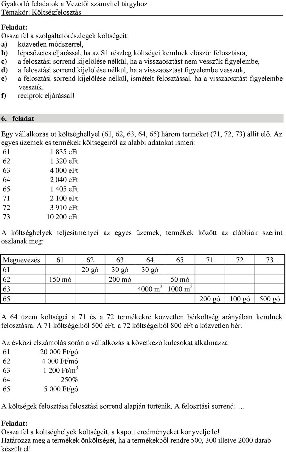 visszaosztást figyelembe vesszük, f) reciprok eljárással! 6. feladat Egy vállalkozás öt költséghellyel (61, 62, 63, 64, 65) három terméket (71, 72, 73) állít elő.