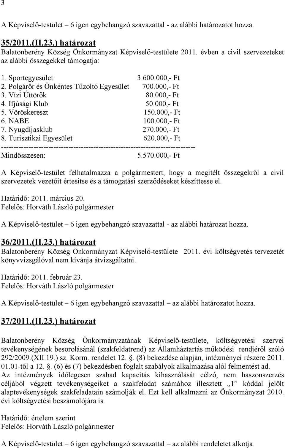 000,- Ft 5. Vöröskereszt 150.000,- Ft 6. NABE 100.000,- Ft 7. Nyugdíjasklub 270.000,- Ft 8. Turisztikai Egyesület 620.