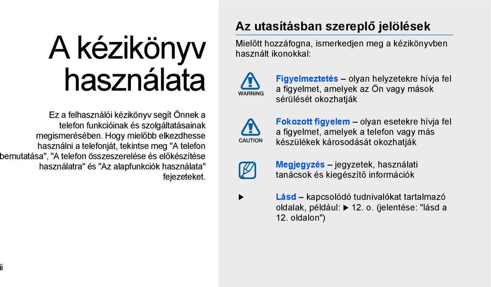 Az utasításban szereplő jelölések Mielőtt hozzáfogna, ismerkedjen meg a kézikönyvben használt ikonokkal: Figyelmeztetés olyan helyzetekre hívja fel a figyelmet, amelyek az Ön vagy mások sérülését