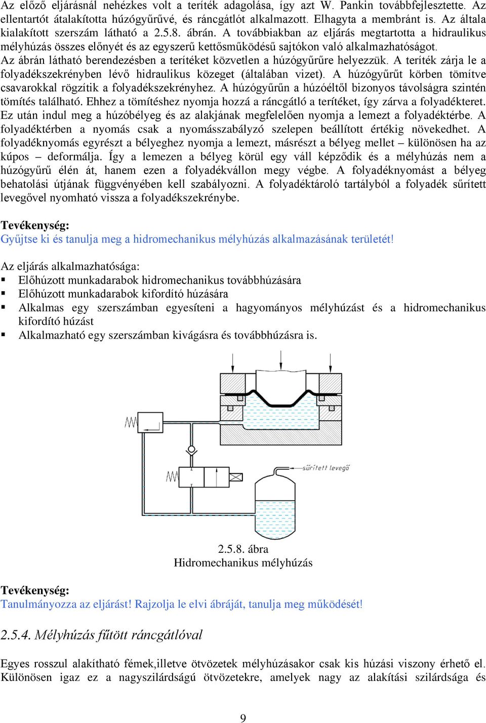 Az ábrán látható berendezésben a terítéket közvetlen a húzógyűrűre helyezzük. A teríték zárja le a folyadékszekrényben lévő hidraulikus közeget (általában vizet).