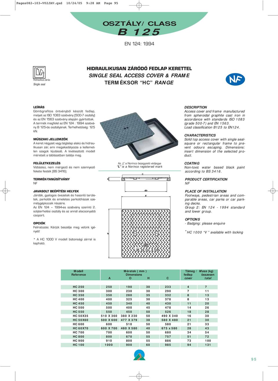 iron in accordance with standards ISO 1083 (grade 500-7) and EN 1563. Solid top access cover with single sealsquare or rectangular frame to prevent odours escaping.