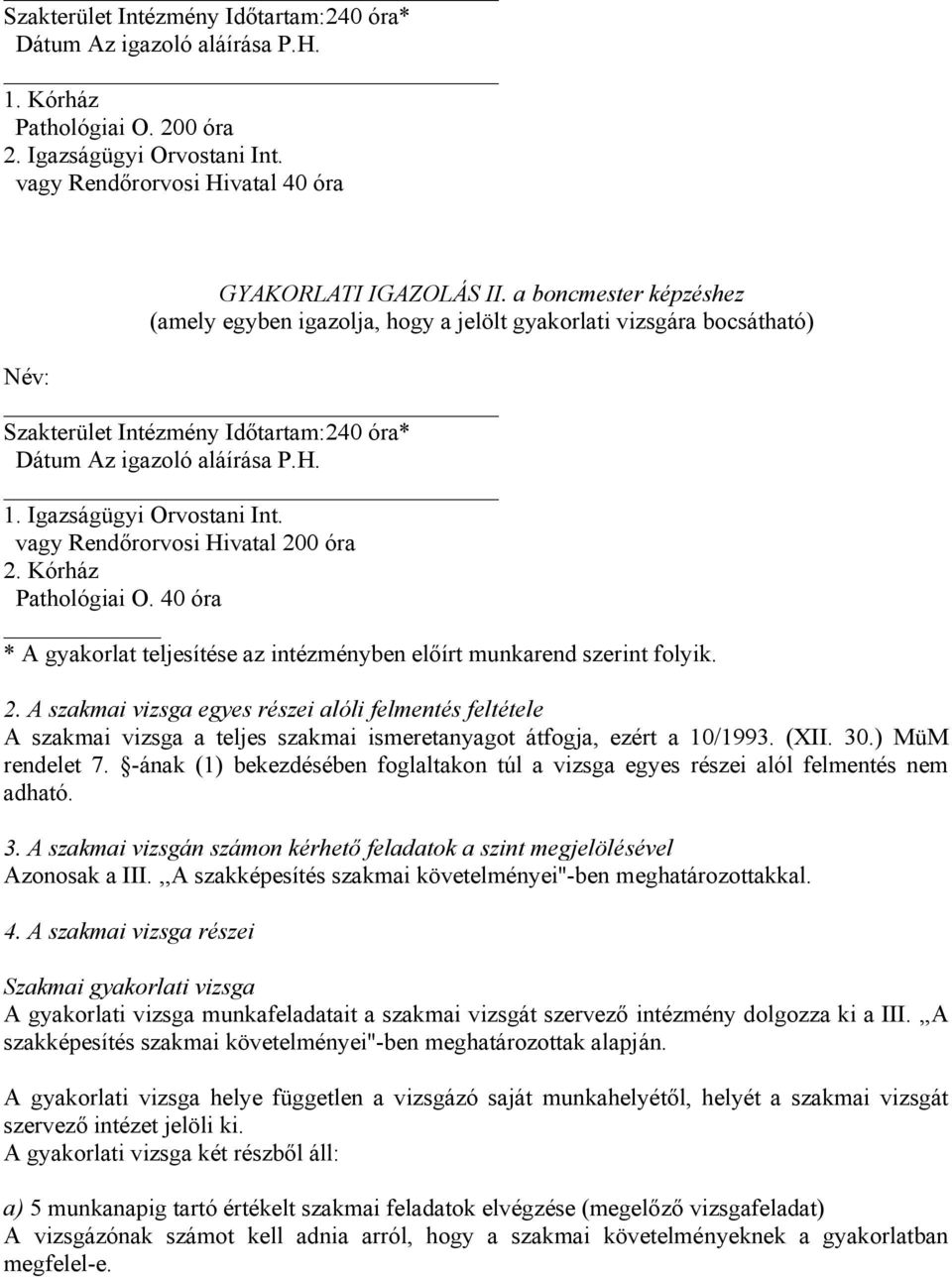 vagy Rendőrorvosi Hivatal 200 óra 2. Kórház Pathológiai O. 40 óra * A gyakorlat teljesítése az intézményben előírt munkarend szerint folyik. 2. A szakmai vizsga egyes részei alóli felmentés feltétele A szakmai vizsga a teljes szakmai ismeretanyagot átfogja, ezért a 10/1993.