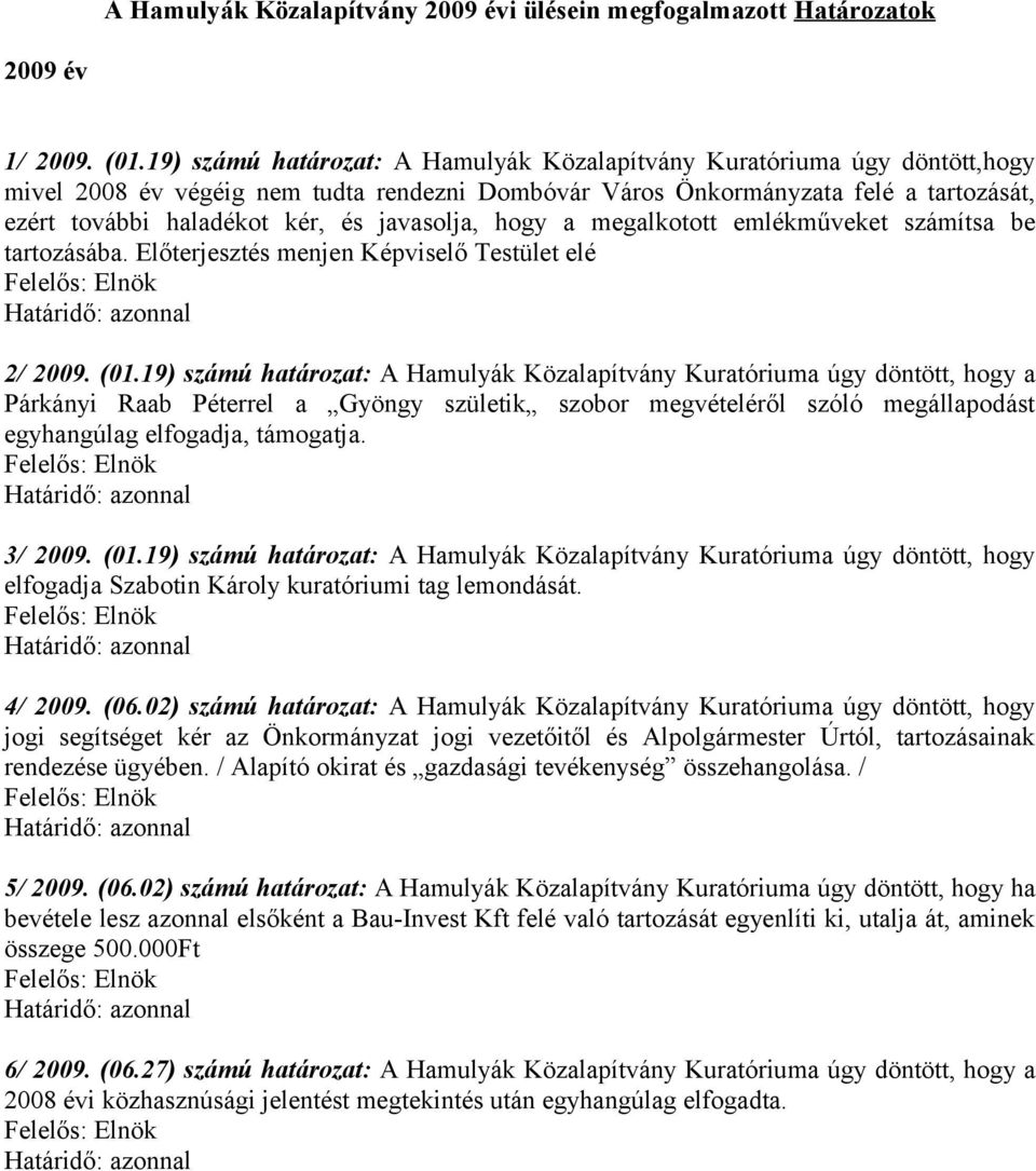 javasolja, hogy a megalkotott emlékműveket számítsa be tartozásába. Előterjesztés menjen Képviselő Testület elé 2/ 2009. (01.