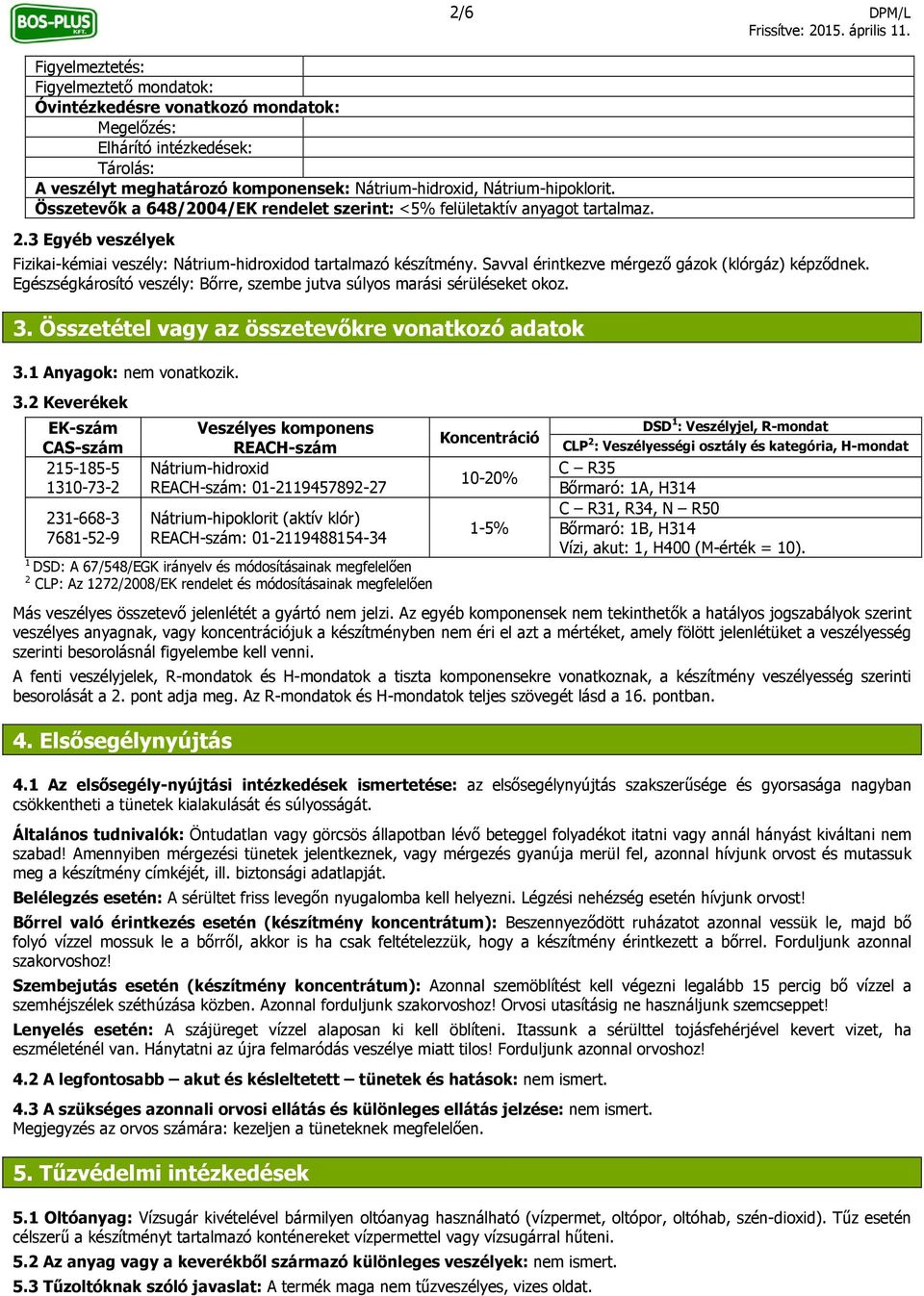 Savval érintkezve mérgező gázok (klórgáz) képződnek. Egészségkárosító veszély: Bőrre, szembe jutva súlyos marási sérüléseket okoz. 3. Összetétel vagy az összetevőkre vonatkozó adatok 3.