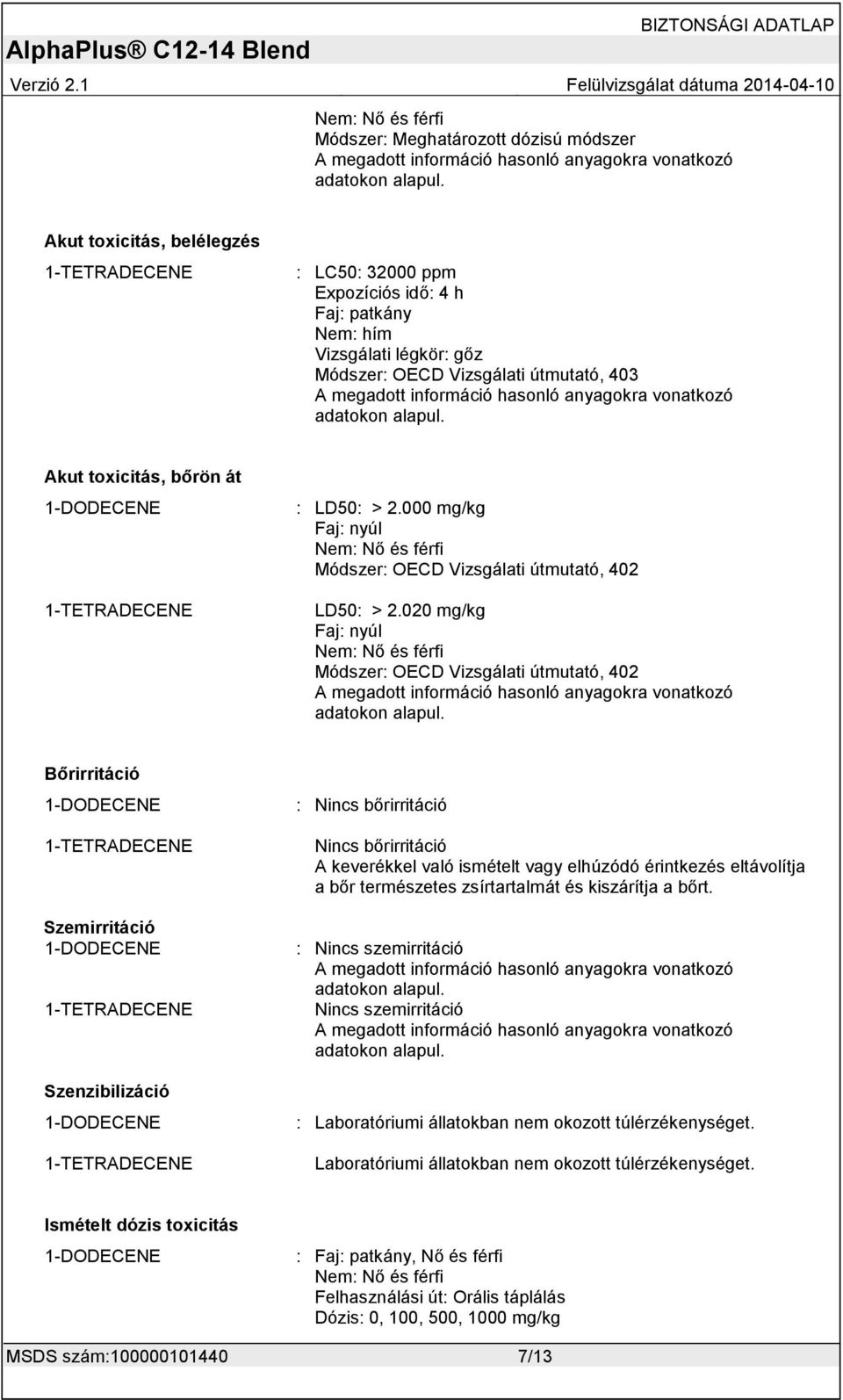 020 mg/kg Faj: nyúl Nem: Nő és férfi Módszer: OECD Vizsgálati útmutató, 402 Bőrirritáció Szemirritáció Szenzibilizáció : Nincs bőrirritáció Nincs bőrirritáció A keverékkel való ismételt vagy elhúzódó