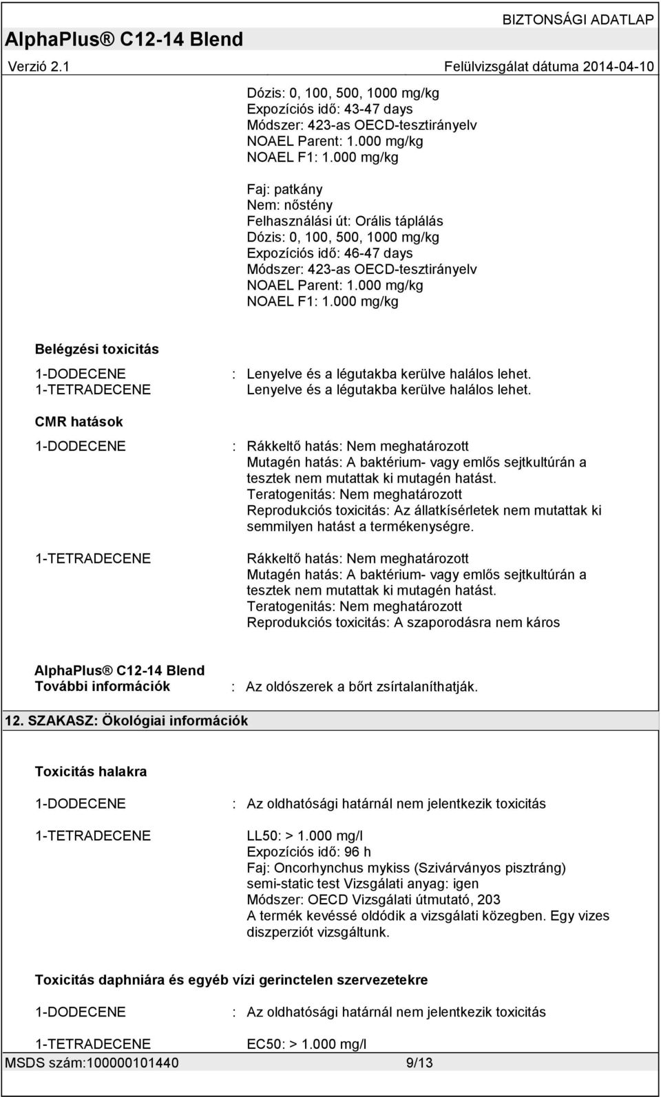 000 mg/kg NOAEL F1: 1.000 mg/kg Belégzési toxicitás CMR hatások : Lenyelve és a légutakba kerülve halálos lehet.