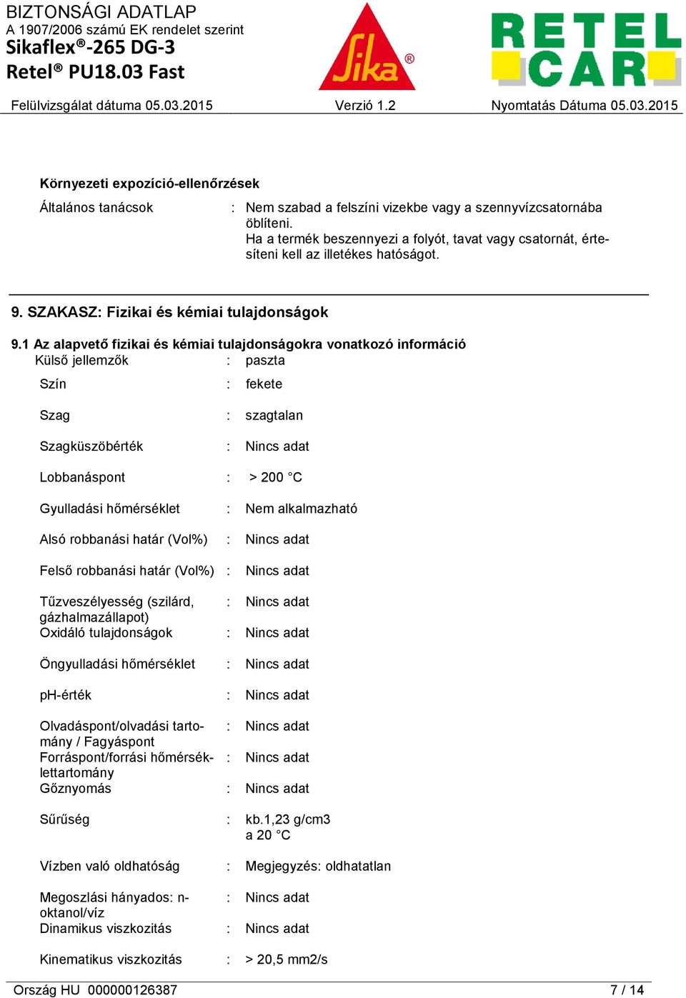 1 Az alapvető fizikai és kémiai tulajdonságokra vonatkozó információ Külső jellemzők : paszta Szín : fekete Szag Szagküszöbérték : szagtalan Lobbanáspont : > 200 C Gyulladási hőmérséklet : Nem