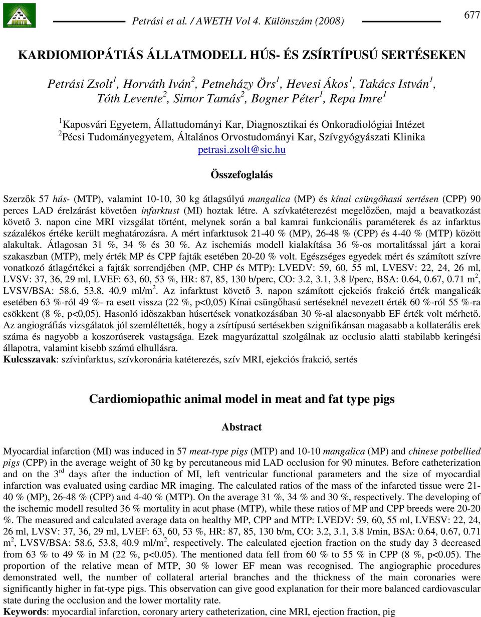 hu Összefoglalás Szerzık 57 hús- (MTP), valamint 10-10, 30 kg átlagsúlyú mangalica (MP) és kínai csüngıhasú sertésen (CPP) 90 perces LAD érelzárást követıen infarktust (MI) hoztak létre.