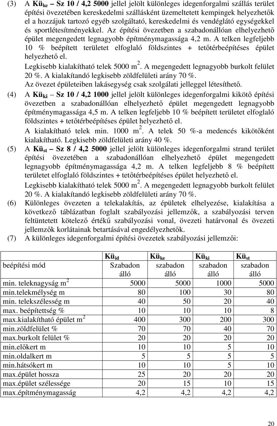 A telken legfeljebb 10 % beépített területet elfoglaló földszintes + tetőtérbeépítéses épület helyezhető el. Legkisebb kialakítható telek 5000 m 2. A megengedett legnagyobb burkolt felület 20 %.