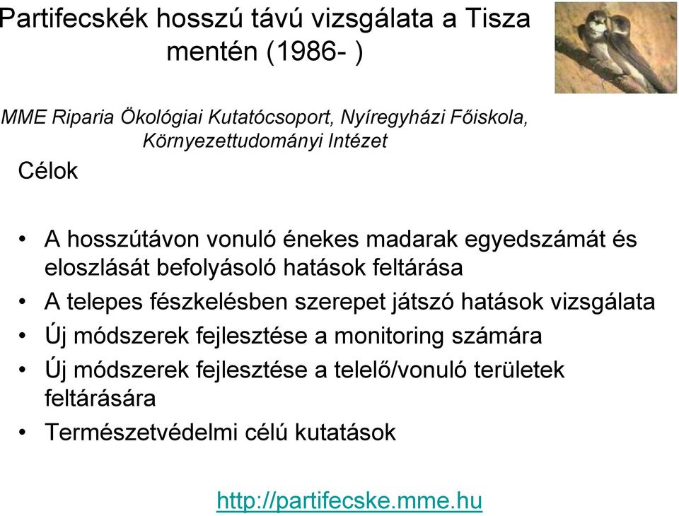 hatások feltárása A telepes fészkelésben szerepet játszó hatások vizsgálata Új módszerek fejlesztése a monitoring