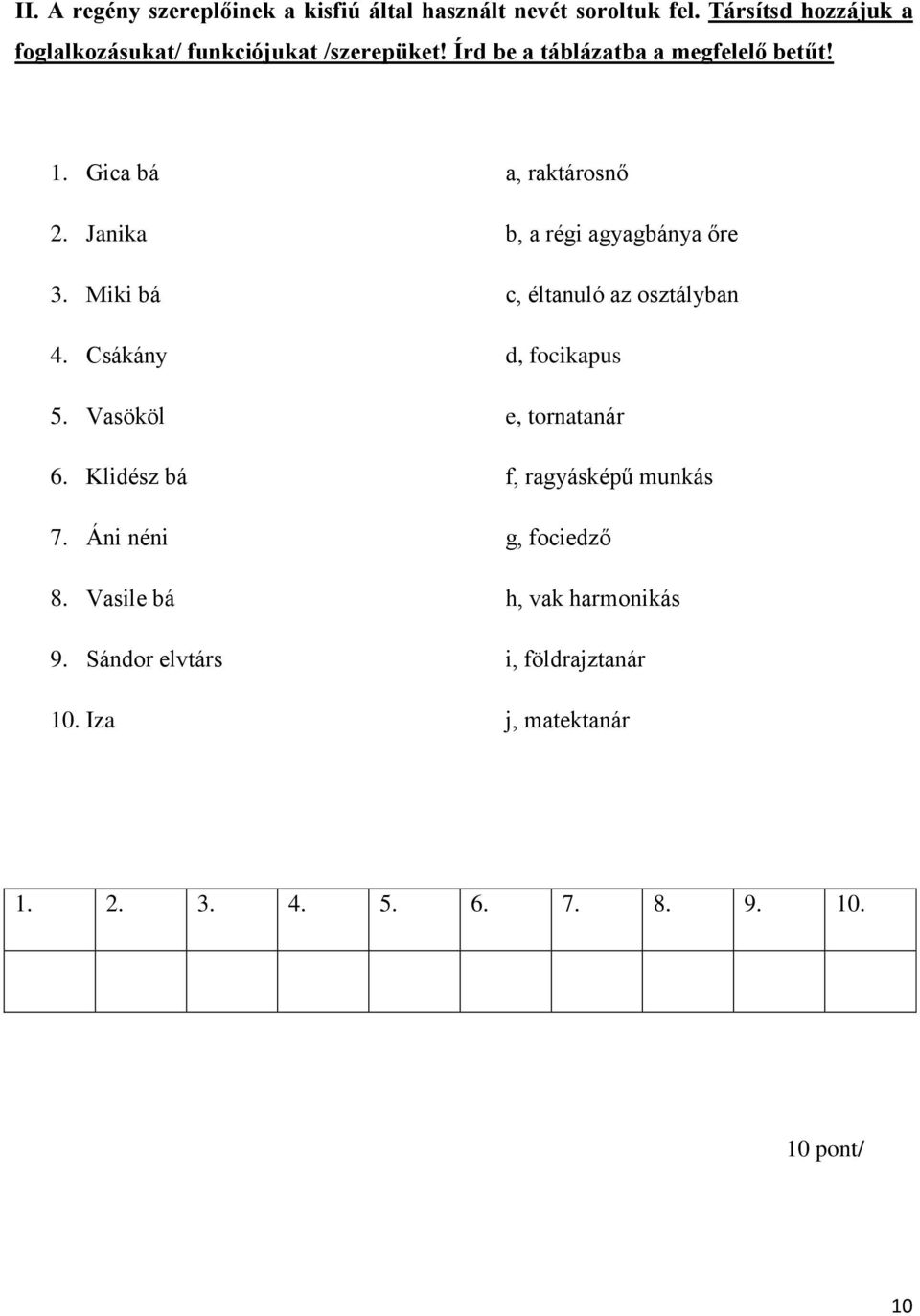 Gica bá a, raktárosnő 2. Janika b, a régi agyagbánya őre 3. Miki bá c, éltanuló az osztályban 4. Csákány d, focikapus 5.