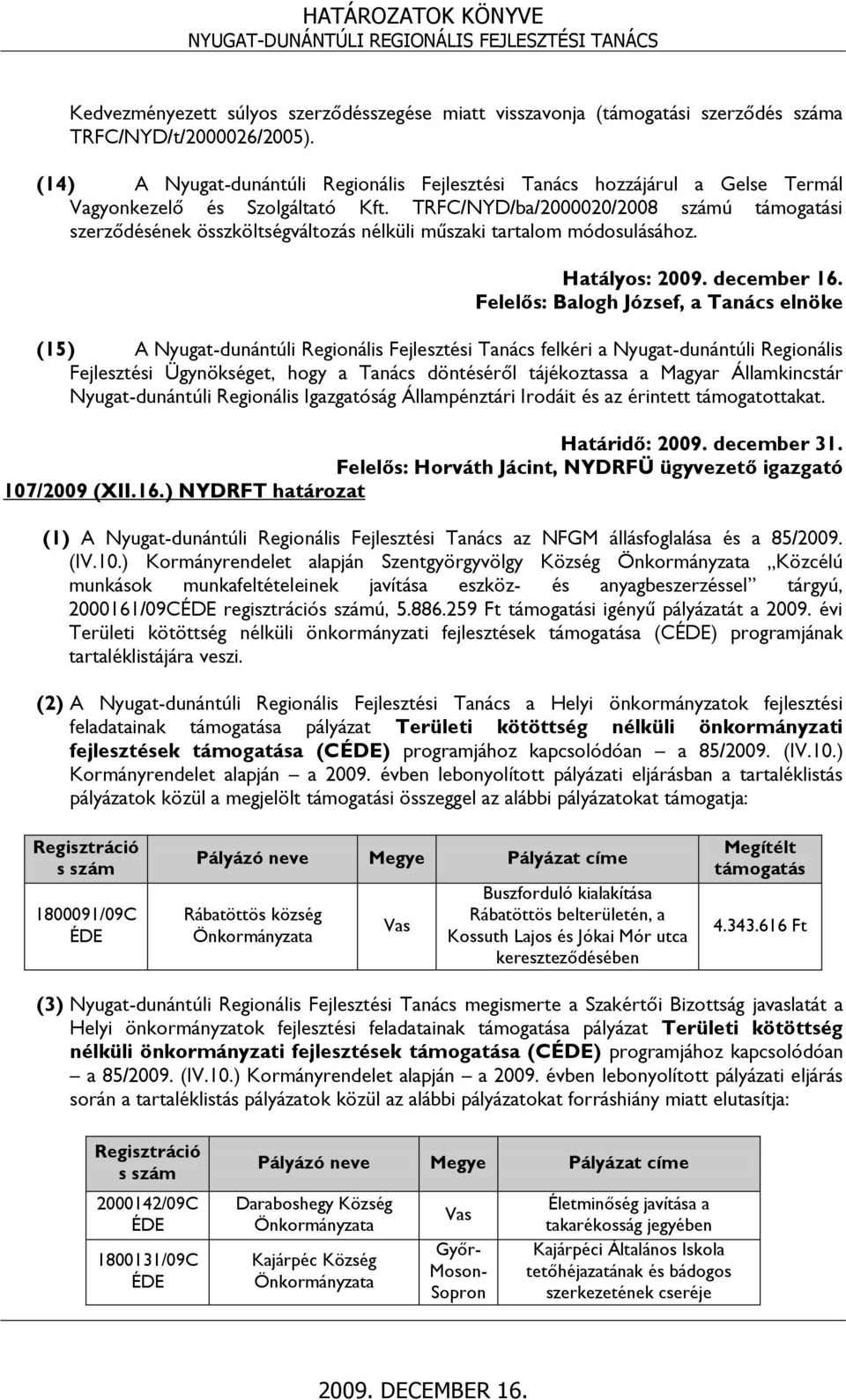 TRFC/NYD/ba/2000020/2008 számú támogatási szerződésének összköltségváltozás nélküli műszaki tartalom módosulásához.