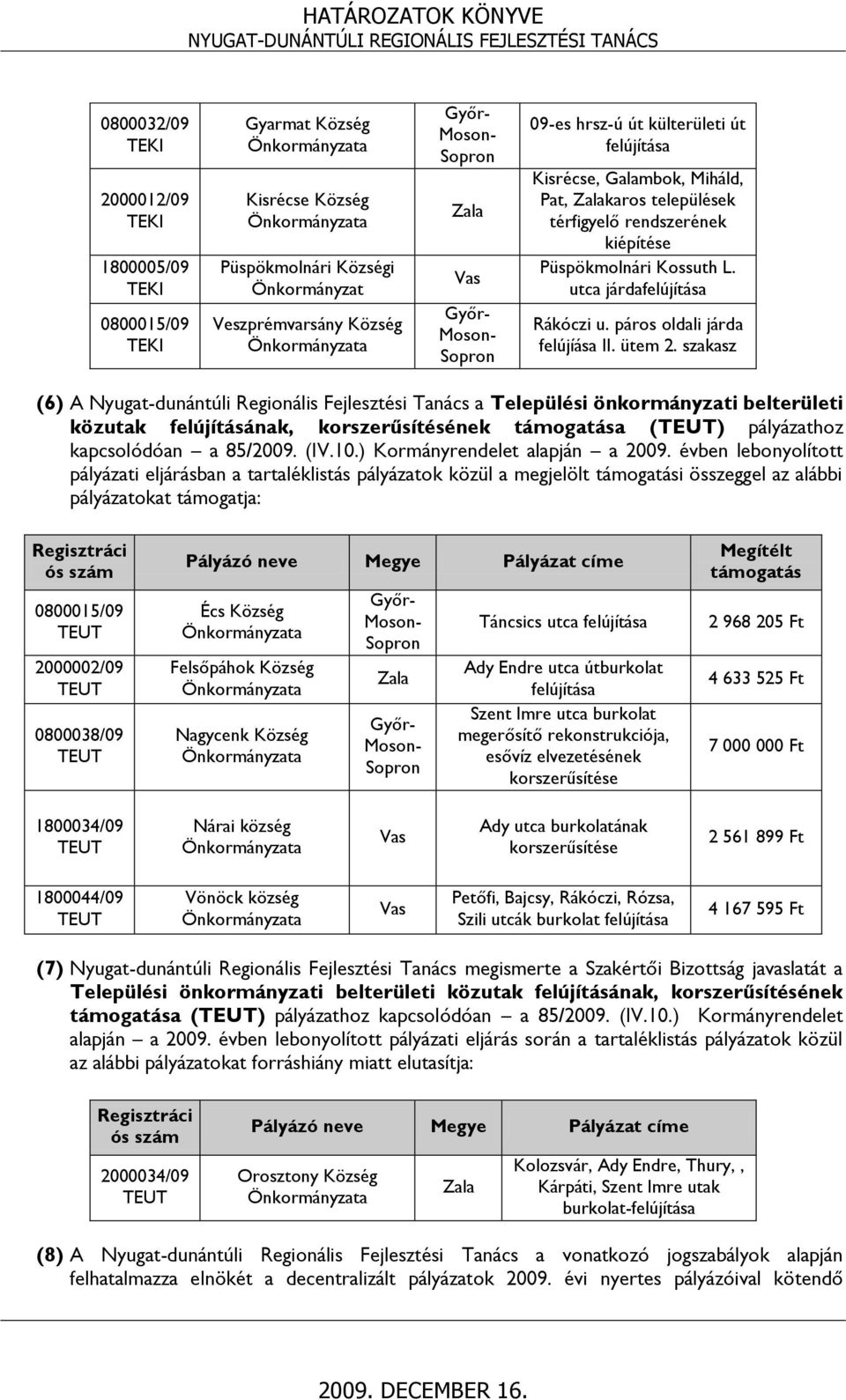 szakasz (6) A Nyugat-dunántúli Regionális Fejlesztési Tanács a Települési önkormányzati belterületi közutak felújításának, korszerűsítésének támogatása () pályázathoz kapcsolódóan a 85/2009. (IV.10.