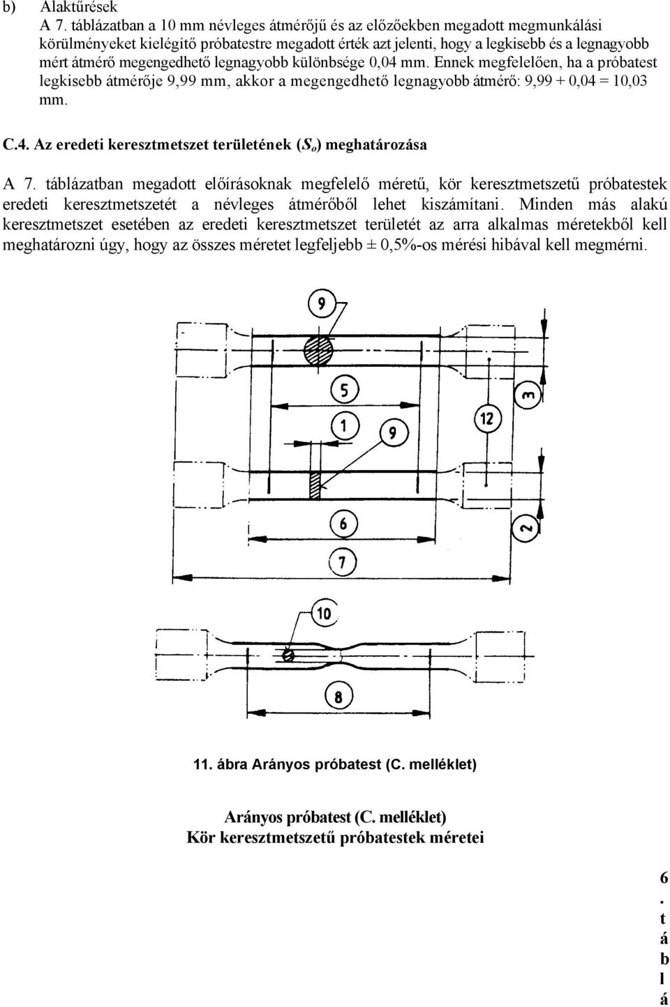 legnagyobb különbsége,4 mm. Ennek megfelelően, ha a próbatest legkisebb átmérője 9,99 mm, akkor a megengedhető legnagyobb átmérő: 9,99 +,4 = 1,3 mm. C.4. Az eredeti keresztmetszet területének (S o ) meghatározása A 7.